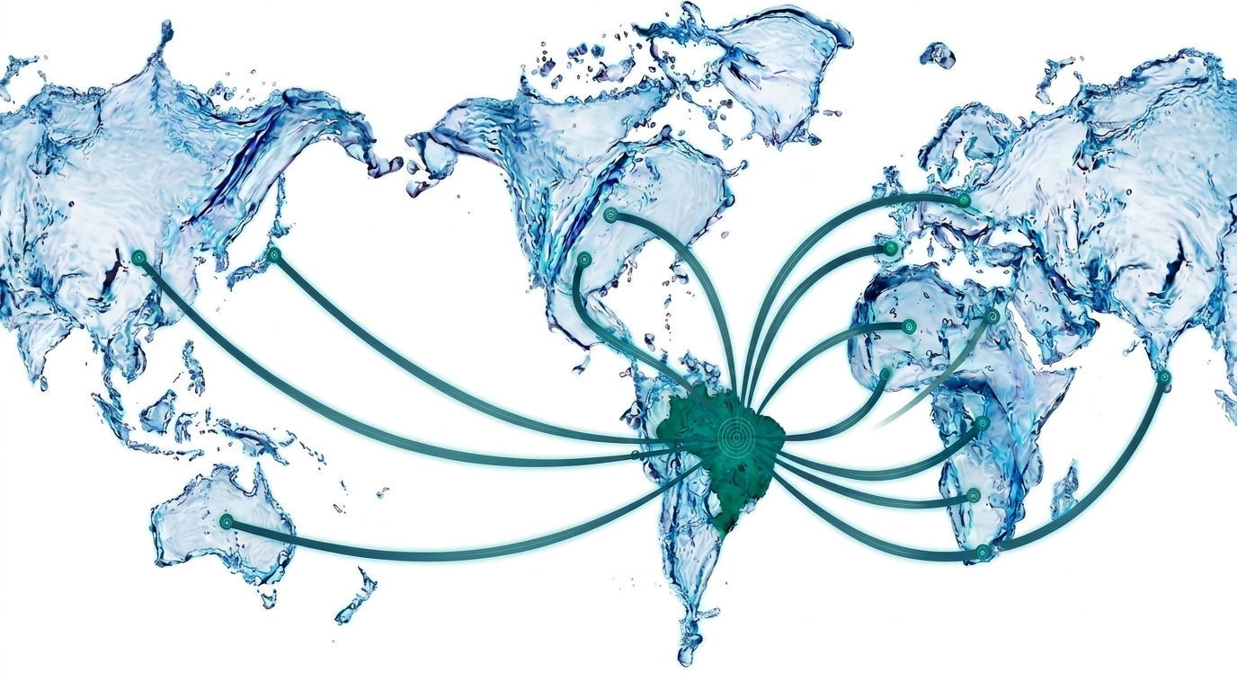 Mapa estratégico del mundo en forma de agua que destaca la posición de Brasil como centro de rutas comerciales globales