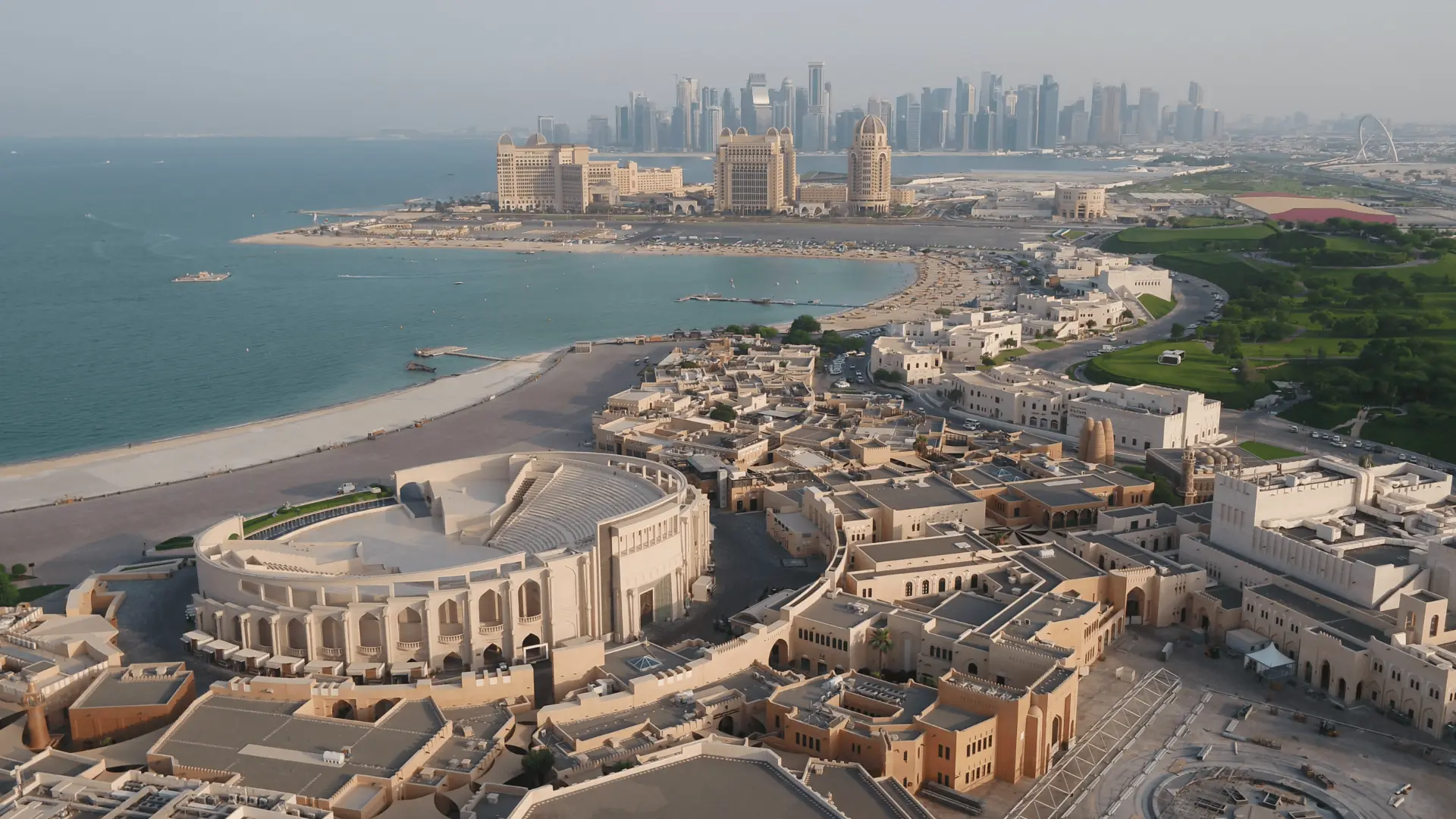 Aerial view of Katara Cultural Village on the Doha coastline