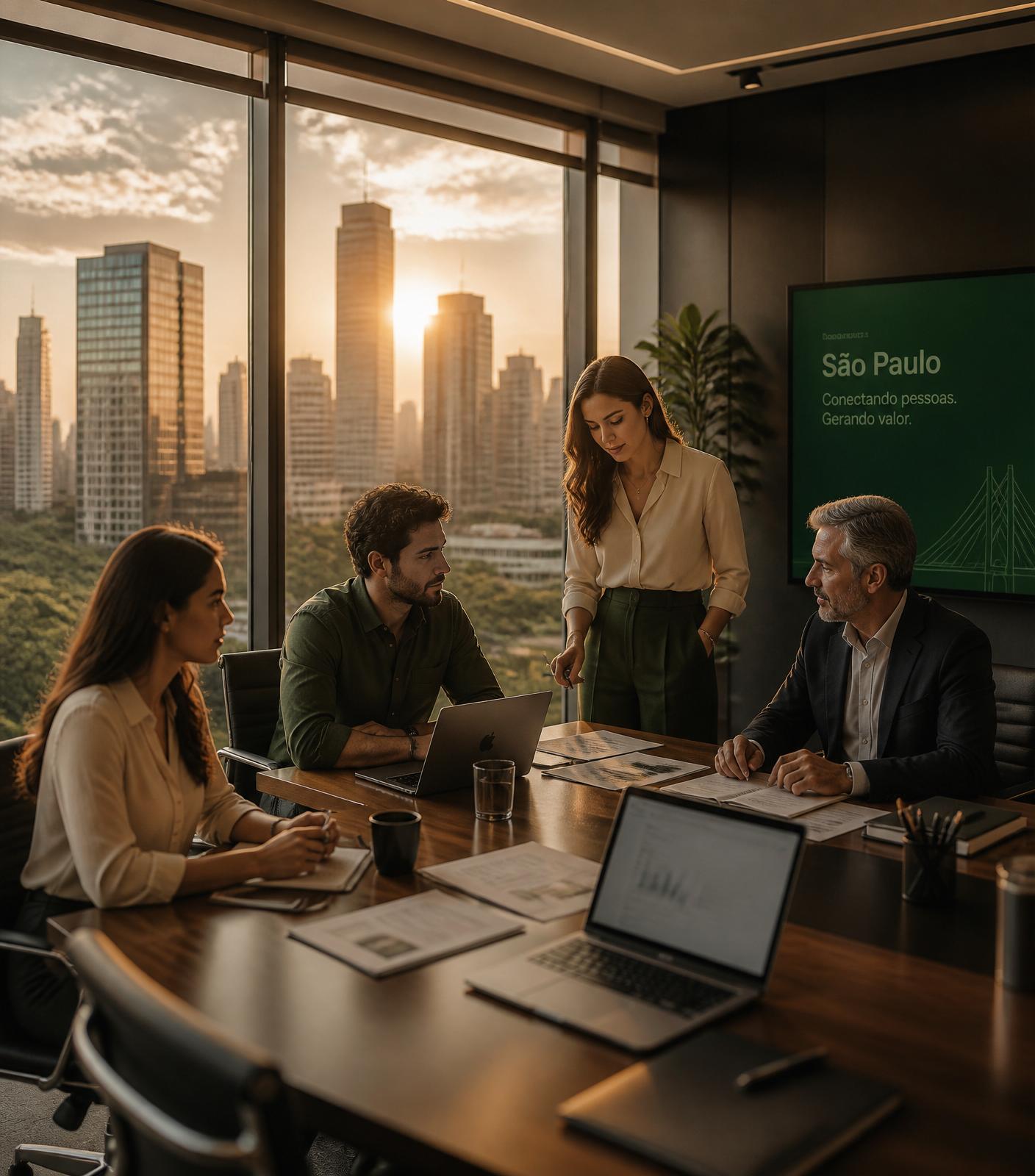 Equipe executiva em uma reunião de negócios em São Paulo com skyline ao pôr do sol